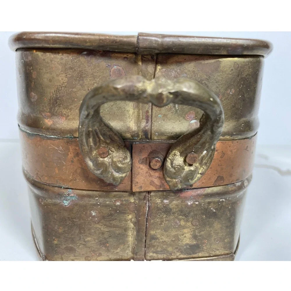 Vintage Oval Copper and Brass Planter with Handles Rustic Patina Farmhouse Decor
